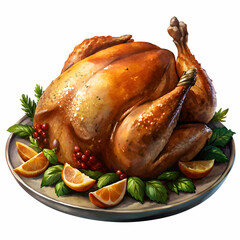 Roasted Turkey with Citrus and Cranberry Garnish. A Festive Holiday Meal