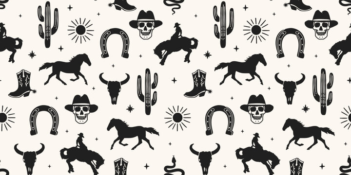 Western Themed Cowboy, Cowgirl Seamless Pattern. Cactus, Cowboy Seamless Repeat Design. Boho Seamless Pattern.	