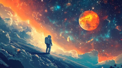 Naklejka premium Astronaut on Alien Planet Gazing at Starry Night Sky
