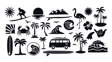 A tropical beach and surf-themed vector set with palm trees, waves, surfboards, a van, flamingos, and ocean elements in a bold black silhouette style. Perfect for t-shirt designs, and branding. © cddesign.co