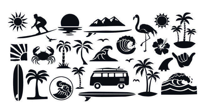 A tropical beach and surf-themed vector set with palm trees, waves, surfboards, a van, flamingos, and ocean elements in a bold black silhouette style. Perfect for t-shirt designs, and branding.