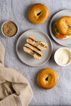 Delicious bagel assortment with smoked salmon and cream cheese