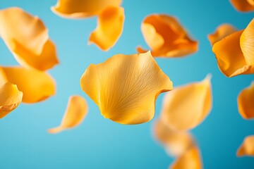 Fototapeta premium Floating Yellow Rose Petals on Blue Background