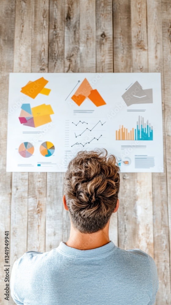 Poster Minimalist Data Visualization Gen Z Professional Analyzing Dynamic Risk Assessment Metrics with Geometric Infographics in Modern Hybrid Workspace Environment