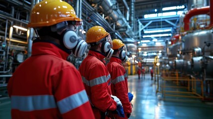 Fototapeta premium Training session on handling emergency shutdown procedures in a chemical plant, serious atmosphere