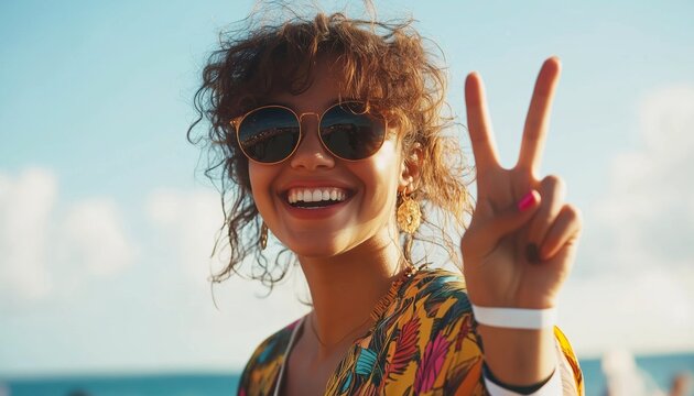 Young Woman Delights In Summer Music Festival, Gestures Peace Sign, Sporting Sunglasses And Wristband, Amidst Stage Lights. Joyful Atmosphere At Beach Concert.