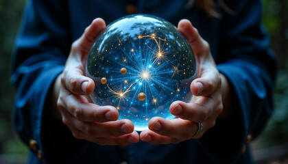 Young astrologer holding a crystal ball, predicting the future with zodiac signs and celestial patterns