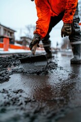 Road worker spreading asphalt with a shovel on a city street for repair work