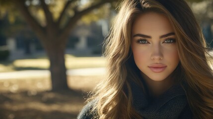 Obraz premium Young Woman with Beautiful Hair Posing Outdoors in Natural Light