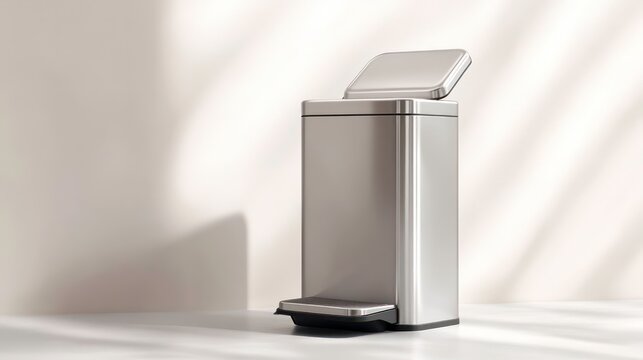 A stainless steel rectangular step trash can with a silver finish and open lid, ideal for product demonstrations or showcasing home and office essentials.