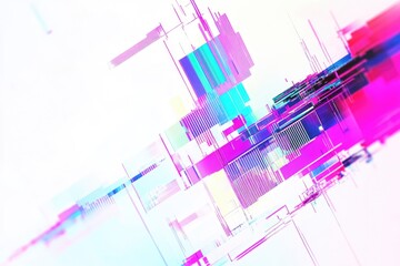 Abstract geometric shapes in vibrant colors.  Intricate digital design with a glitch effect.  Dynamic composition of fragmented lines and blocks