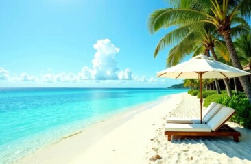 Obraz premium White sand beach on tropical island, azure ocean shore, tropical holiday atmosphere