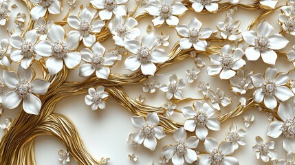 Luxury gold tree with white flowers. Elegant design with 3D effect. Diamonds embellish flowers, branches. Suitable for wallpaper murals. Sophisticated, luxurious style. Perfect for high-end decor. 