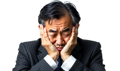 Stressed Asian businessman isolated on transparent background. Depicts burnout, fatigue, despair. Ideal for corporate stress, mental health, work pressure, financial worry visuals.
