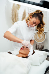 Beautiful young adult woman receiving professional permanent makeup treatment. Modern face and...
