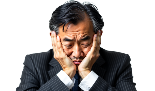 Stressed Asian businessman isolated on transparent background. Depicts burnout, fatigue, despair. Ideal for corporate stress, mental health, work pressure, financial worry visuals.