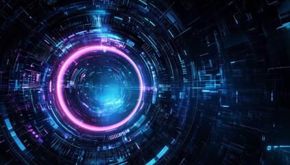 Fototapeta premium Journey into the Digital Realm: An immersive, futuristic tunnel of vibrant neon light, showcasing advanced technology and interconnected systems.