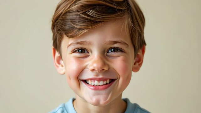 A young boy with a beaming smile and dimples poses for a close-up portrait. Concept of: Pure joy.