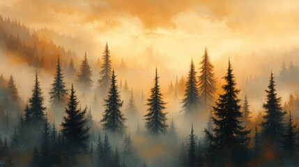 Obraz premium Misty Forest at Golden Hour Sunset