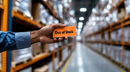 Warehouse employee placing an "Out of Stock" label on an empty storage bin, realistic logistics setting