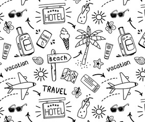 Seamless travel background. Hand drawn summer vacation, trip. Doodles travel bag, plane, ticket, ticket booking, palm tree, ice cream, sunglasses, soda. Black and white pattern with travel items.