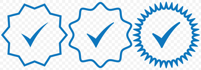 set of verified badge. blue tick vector. Transparent PNG available
Verified tick badge icon set isolated on transparent background. Social media official account tick symbol collection. EPS 10.