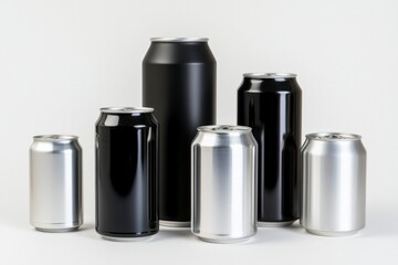 Metal Cans Grouping, Variety, Aluminum Drink Containers, Minimalist Design, Mockups