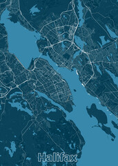 The image showcases a detailed map of Halifax, Canada, rendered in a minimalist style. The map features a deep blue background with white lines representing roads and waterways.