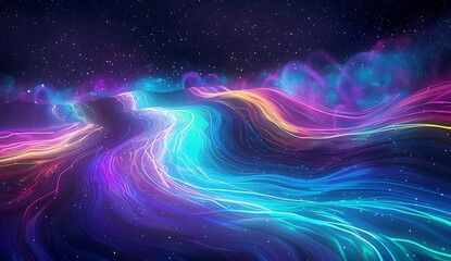 Fototapeta premium Abstract digital background with glowing neon lines and circuit board patterns, creating an immersive tech-inspired wallpaper. Glowing blue waves in the foreground add depth to create futuristic vibes