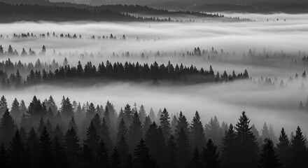 Fototapeta premium Serene Black and White Landscape of Misty Forests at Dawn
