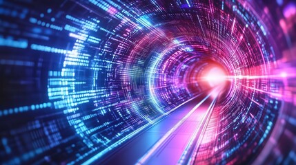 Fototapeta premium Digital Highway: A vibrant and dynamic digital tunnel with streams of data and light streaks, symbolizing the flow of information, data transfer, and technological advancements.
