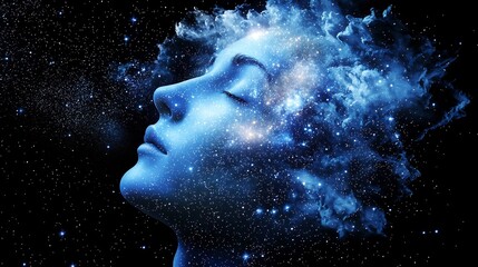 Human face dissolving into a galaxy stars and cosmic dust replacing features symbolizing the infinite mind and universe connection
