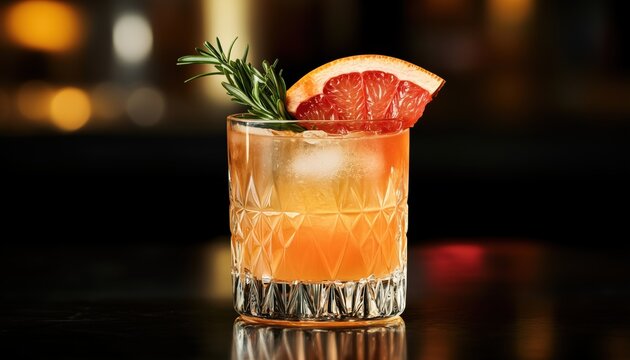 Summer Refreshing Italian Cocktail: Aperol Spritz With Grapefruit And Rosemary, Presented In Front Of A Dark Background At A Restaurant Bar.