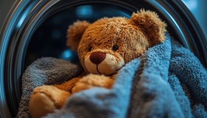 Soft Teddy Bear Regains Fluffiness After Being Washed In Washing Machine, Maintaining Its Fluffy Texture And Squeaky Clean Appearance.