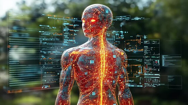 Futuristic representation of a human figure with glowing veins, surrounded by digital data in a natural setting