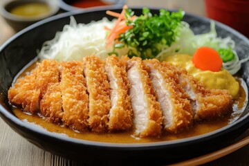 Crispy breaded pork cutlet sliced and served with curry sauce and vegetables