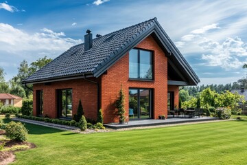 Obraz premium Stunning modern brick house with large windows surrounded by lush greenery and a well-maintained lawn in a peaceful rural setting