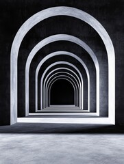 Fototapeta premium Abstract Architecture: Repeating Arches in Dim Light - Endless corridor, architectural design, repeating arches, dark ambiance, pathway to unknown. Symbolizes mystery, infinity, journey, perspective