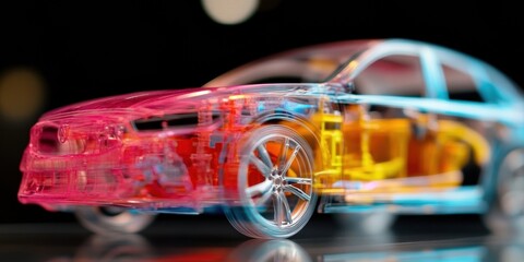 Naklejka premium Transparent Futuristic Automotive Design Hyper-Realistic X-Ray Visualization of Next-Gen Electric Vehicle Revealing Advanced AI Safety Technologies in Gradient Color Spectrum