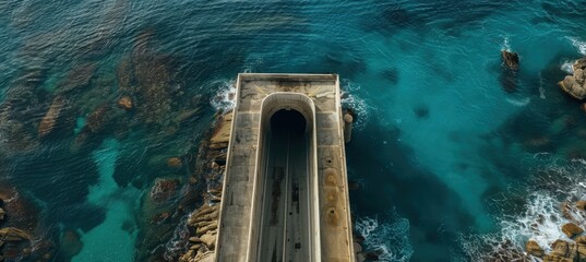 Aerial View of Coastal Highway Tunnel Entrance with Stunning Ocean Surroundings