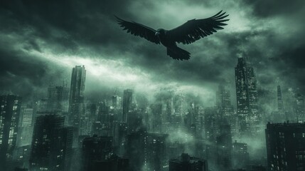 Ominous Raven Soaring Over a Dystopian Cityscape