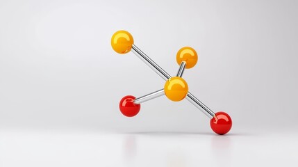 Abstract Molecular Structure - A 3D of a colorful molecular structure with red and yellow spheres connected by silver rods against a white background