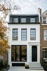 Fototapeta premium Modern architectural design of a white house with black accents, surrounded by autumn foliage, showcasing large windows and a smooth entrance door in a serene urban neighborhood