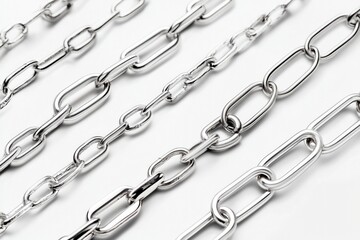 Fototapeta premium Silver chains pattern on plain white background representing strength, and connection