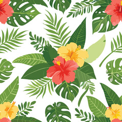 Cute Seamless Pattern with Flowers and Exotic Plant