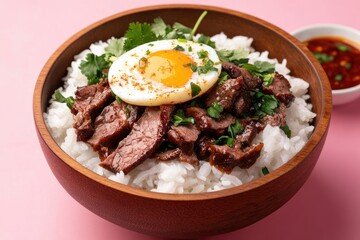 A wooden bowl of rice with meat and an egg