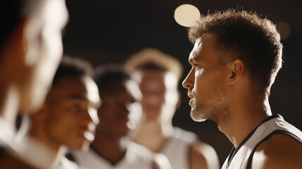 Basketball team huddling with coach during timeout