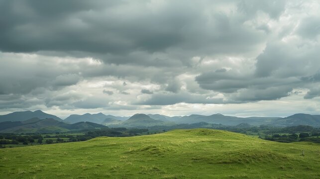 Scenic view of green hills and mountains under cloudy sky - Powered by Adobe