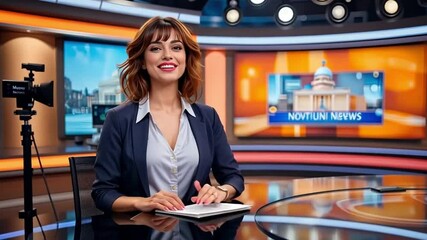 Female television news presenter Smiling and  standing confidently in a television studio.