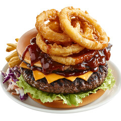 Ultimate BBQ Burger Smoky, Crispy, and Cheesy Perfection isolated on transparent white background clipping path, pen tool.